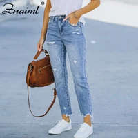 znaiml womens loose fit jeans ripped wide leg high waist blue wash casual cotton elastic denim trousers summer baggy jean pants