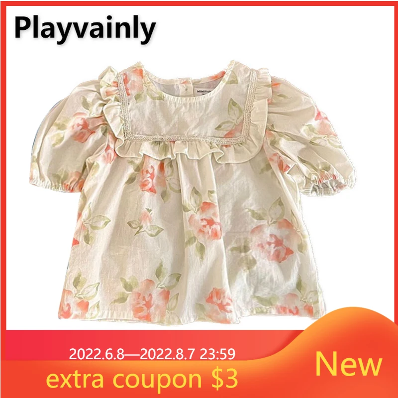 

Korean Style Summer Clothes for Girl Shirts Short Sleeves Round Collar Print Baby Bottom Blouse Children Clothes E5217