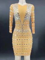 yellow shining mirror sequins rhinestones long sleeve sexy women dress evening party club clothing stage singer costumes 2022