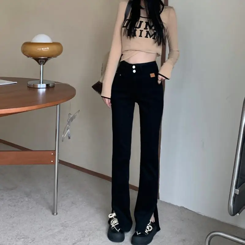 

DD2988 New Slim Straight Slit Slightly Slim All-match Pants High Waist Jeans