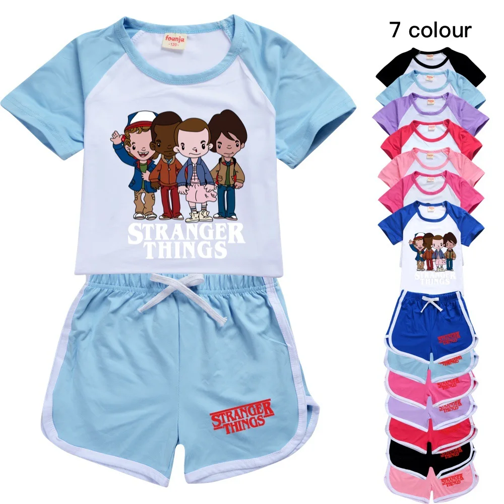 

New Girls Boys Summer Set Stranger Things Kids Sports T shirt +Pants 2-piece set Baby Clothing Comfortable outfits Pyjamas 2-16Y