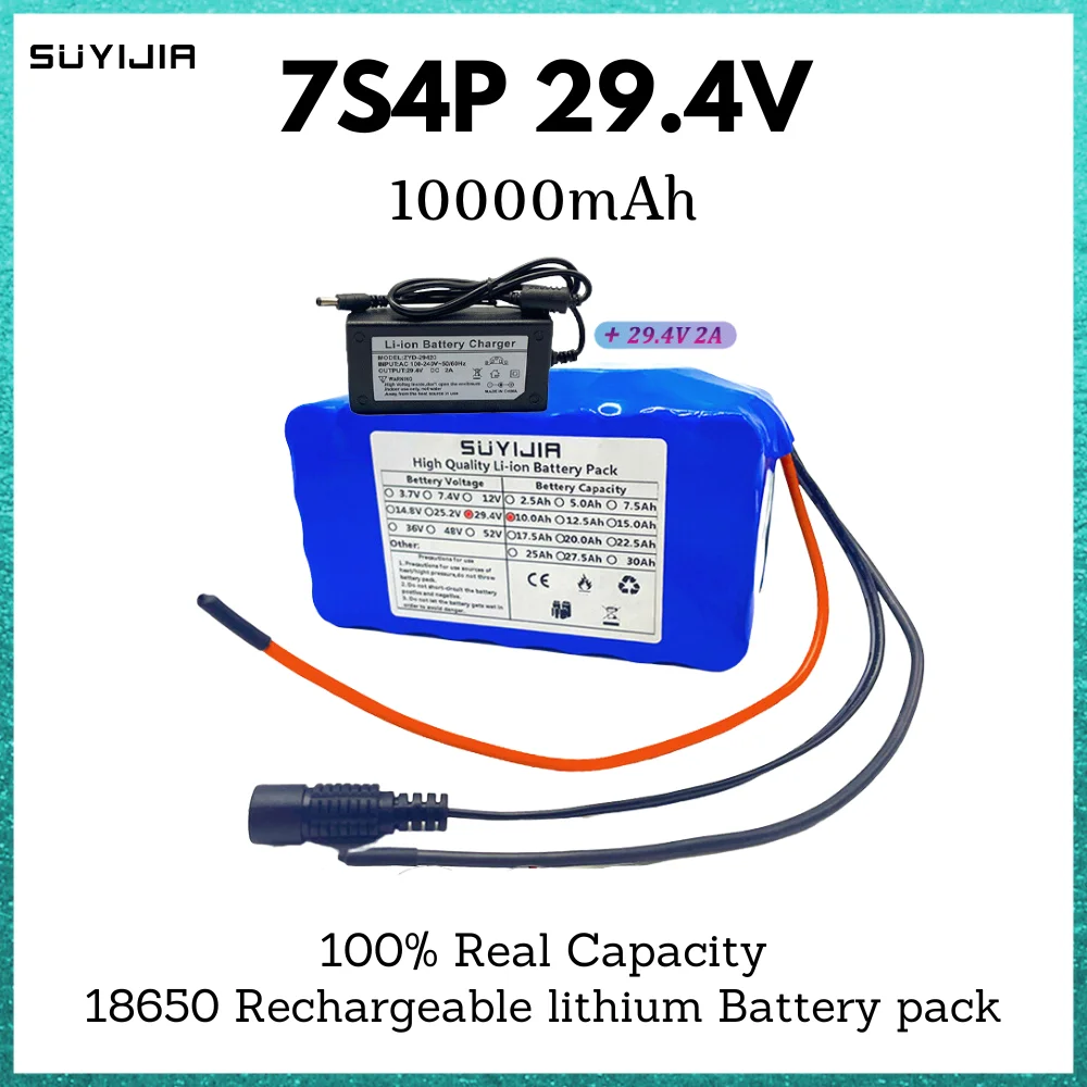 

New 18650 7S4P 24V 10Ah Battery Pack 29.4V 10000mAh BMS for Electric Bicycle Moped Electric Scooter Wheel Chair 29.4V 2A Charger