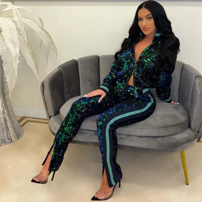 

2022 African Clohtes For Women New Arrival Spring Autumn Sequins Two Pieces Sets Jacket Top And Pants Suits Africa Clothing