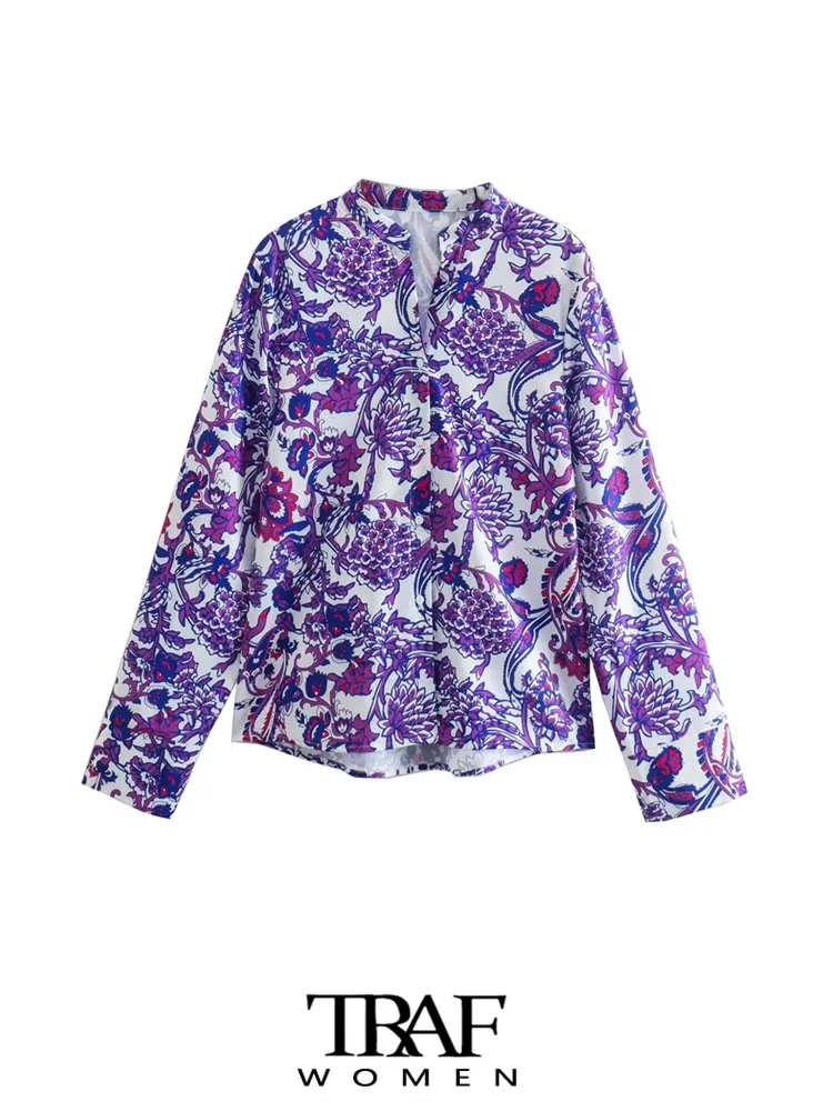 

TRAF Women Fashion Front Buttons Printed Blouses Vintage V Neck Long Sleeve Female Shirts Blusas Chic Tops
