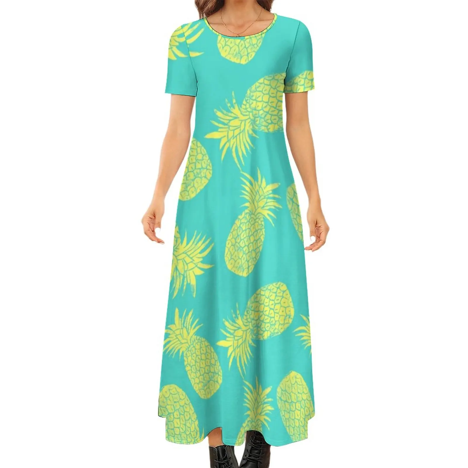 

Yellow Pineapple Dress Tropical Fruit Print Beach Maxi Dress Female Short Sleeve Aesthetic Bohemia Long Dresses Big Size 6XL 7XL