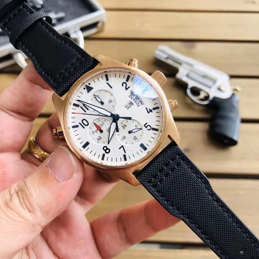

mens mechanical watch Rose Gold automatic Brown Leather Blue pilots waterproof wristwatch