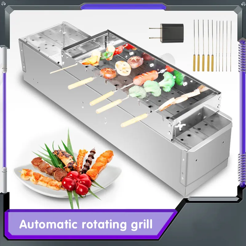 Automatic Adjustable Flipping Barbecue Grill with 10 BBQ Stickers Stainless Steel BBQ Shelf 10 Holes Skewers Rolling BBQ Tools