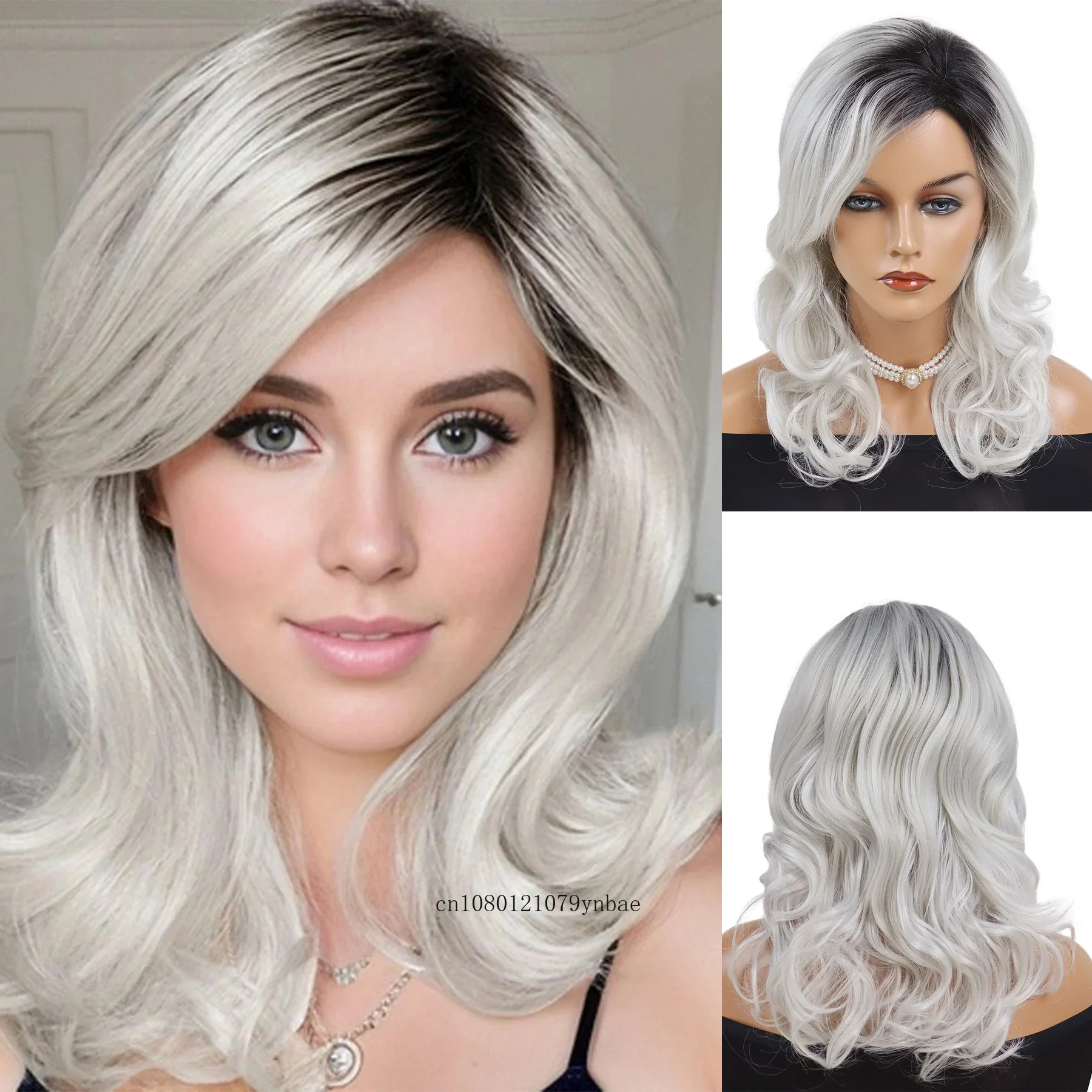 Натуральные синтетические волосы Темные корни Серебристо-серый парик для