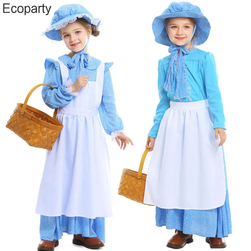 

ECOPARTY Blue Floral girls Colonial Pioneer Costume Prairie Dress for Girls gifts Halloween Party Carnival Cosplay Costumes 2022