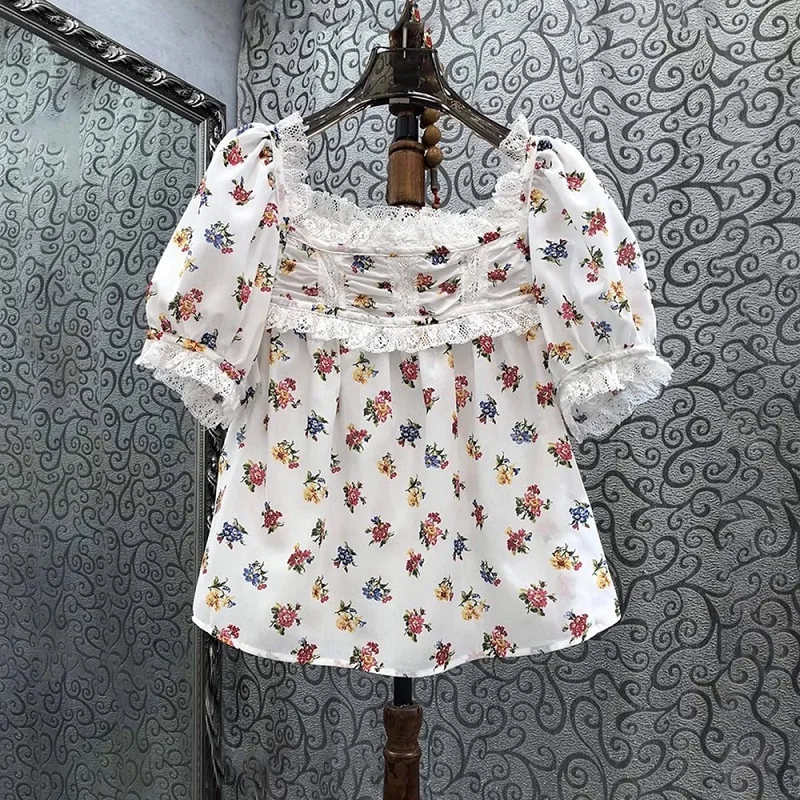 

100%Cotton Tops 2023 Summer Fashion Blouses Ladies Sexy Square Collar Sweet Floral Prints Lace Patchwork Short Sleeve Blouses