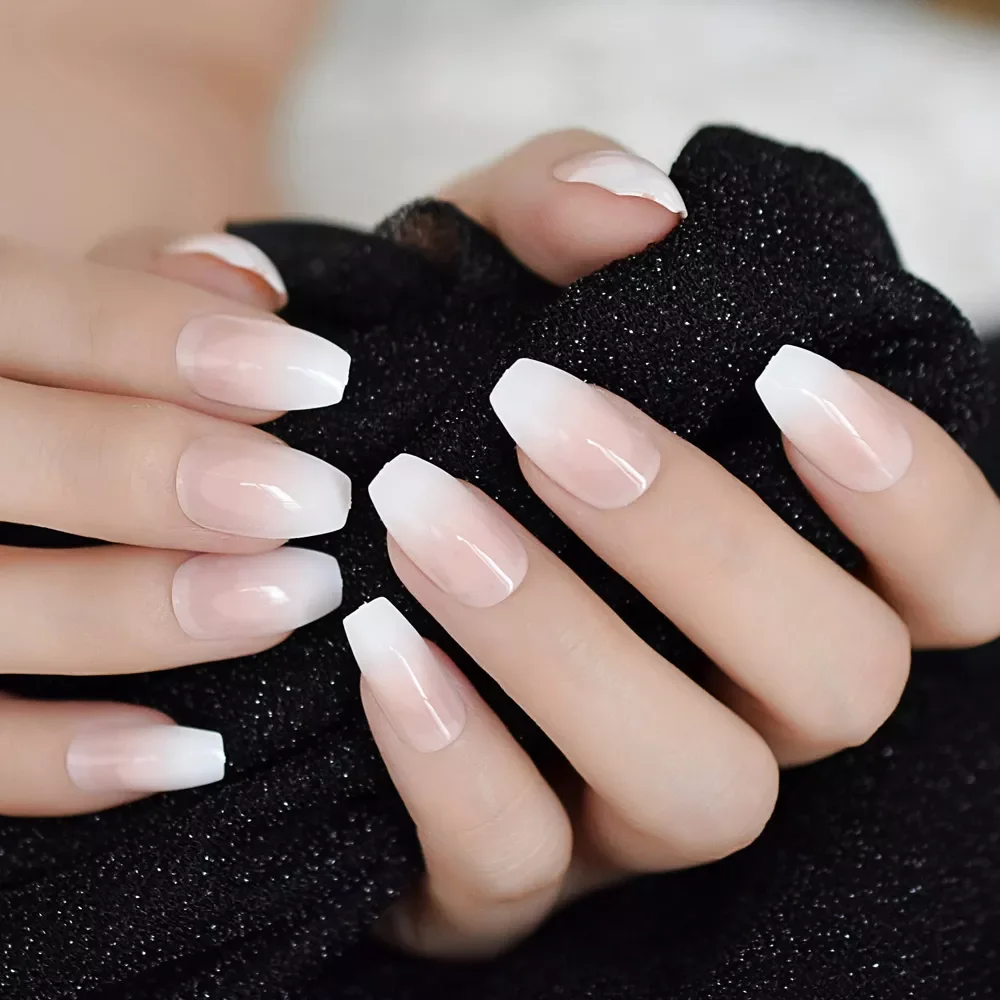 

Ombre French Ballerina Coffin Short Fingernails Gradeint Natural False Nails Art Manicure Salon At Home Daily Wear Faux Ongles