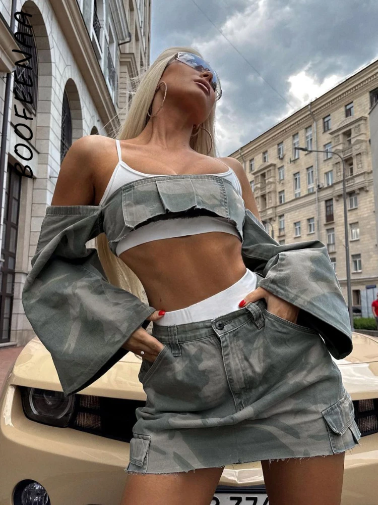 

BOOFEENAA Camo Long Sleeve Two Piece Set Off Shoulder Crop Top Cargo Mini Skirt Y2k Fall Casual Outfits for Women 2023 C56-EE30