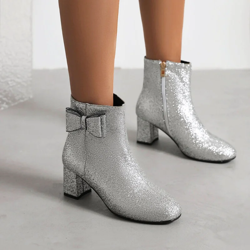 

Modern Boots Women Chunky High Heels Glitter Short Belt Buckle Sequined Cloth Riding 2022 Womens Boots High Heels Platform Shoes