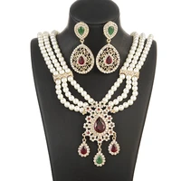 algerian fashion wedding jewelry imitation pearl necklace faux stone pendant women earrings waist chain set arabian bridal gifts