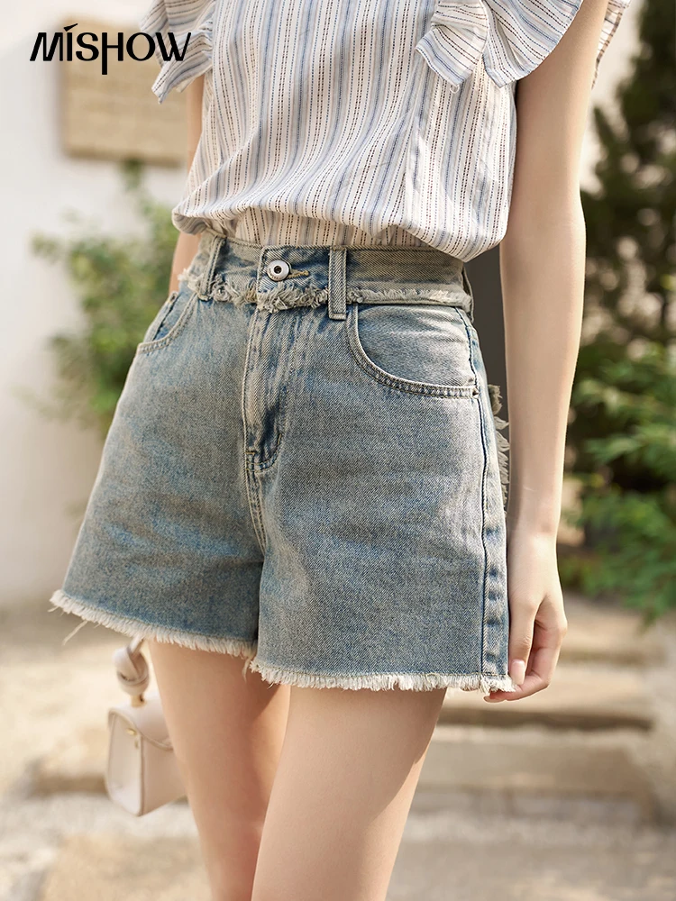 MISHOW Women's Retro Denim Shorts 2023 Summer Tassel Edge High Waist Distressed Pockets Casual Versatile Short Pants MXC35K0086