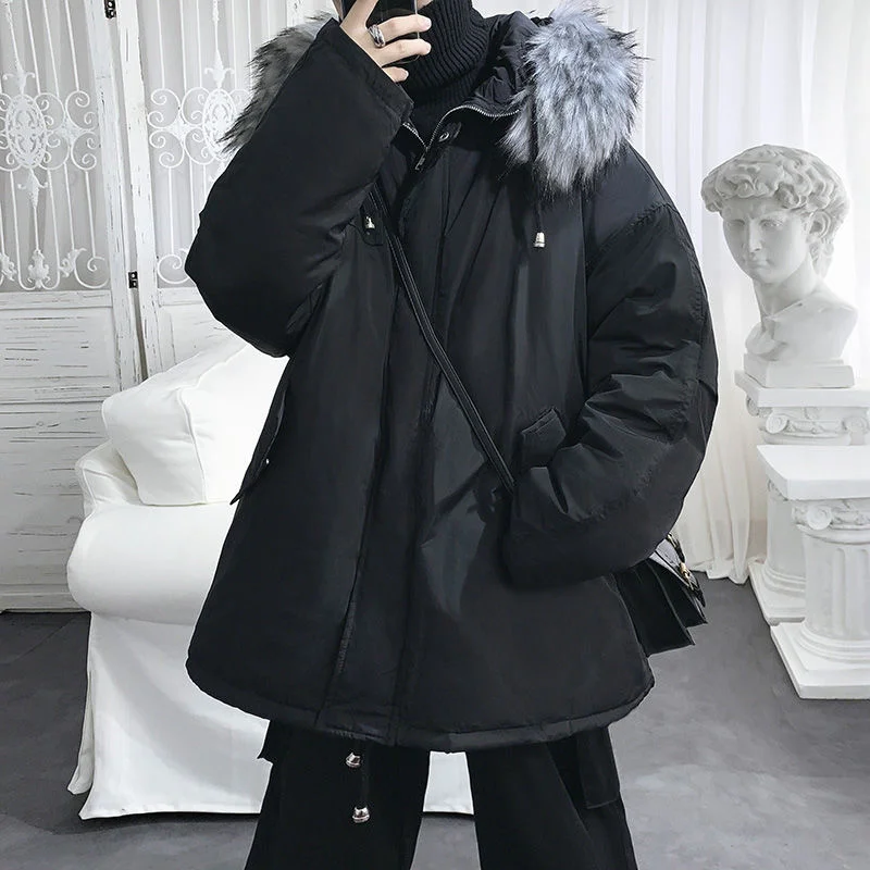 Winter Jacket Men Warm Fashion Casual Fur Collar Hooded Thick Jacket Men Korean Loose Black Short Coat Mens Parker Clothes M-2XL