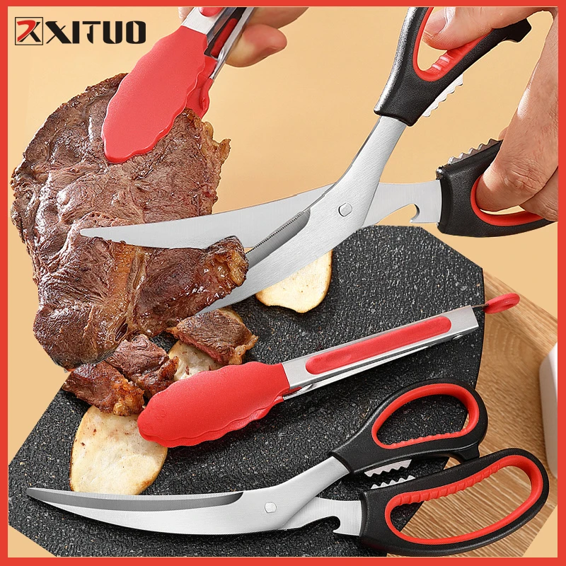 

XITUO Korean Barbecue Scissors Kitchen BBQ Stainless Steel Anti Slip Serrated Scissors Thickened Chicken Steak Scissors Tool Set