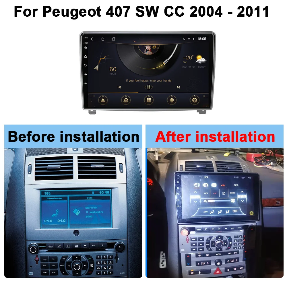 Фото Автомагнитола для Peugeot 407 CC SW 407CC 2004-2011, мультимедийный проигрыватель с CarPlay, стереосистема, Android, 9-дюймовый GPS, IPS-экран №2