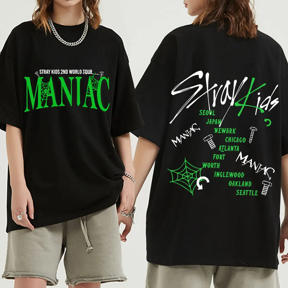 

Korean Stray KidsManiac 2nd World Concert Tour Print T-shirt Men's Cotton T-shirts Harajuku Streetwear Short Sleeve T shirt Kpop