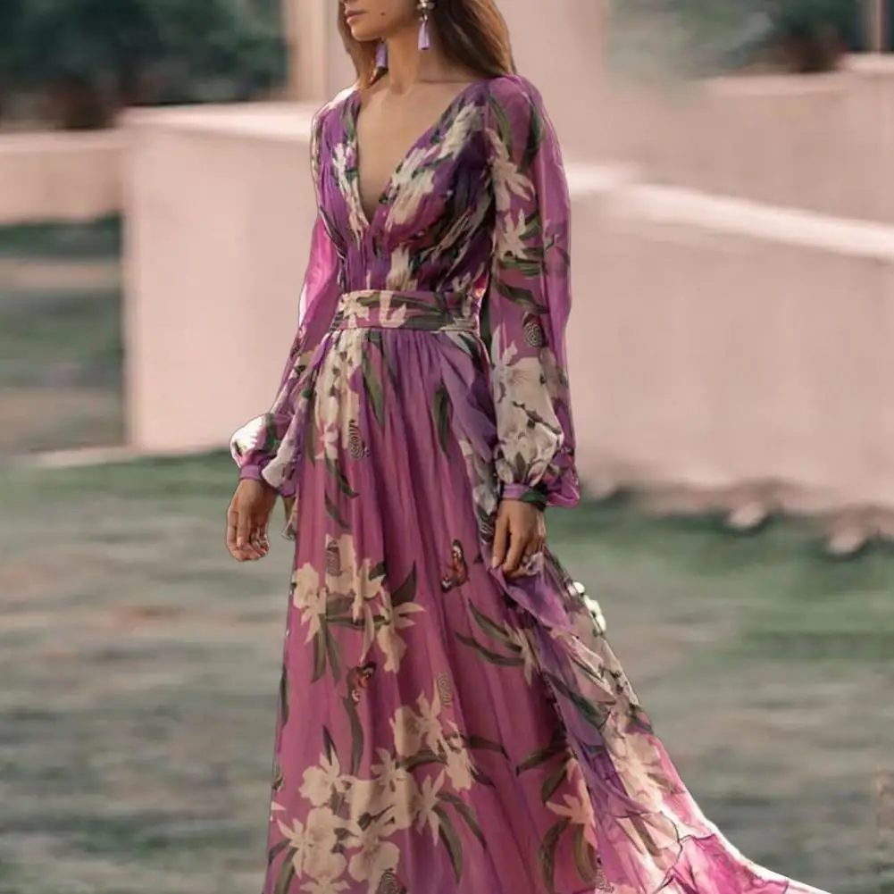

Women Long-sleeved Dress Flower Print Maxi Dress Vintage Style with Deep V Neck High Waist Lantern Sleeves