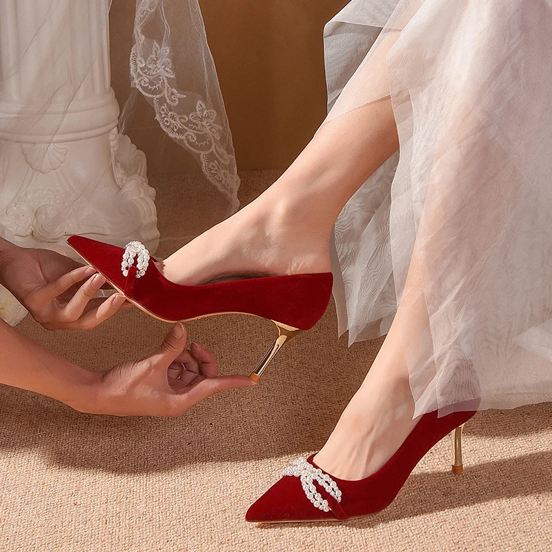 

Red Wedding Shoes Bride Shoes 2021 New Winter Main Wedding Dress Two Crystal High Heels for Women Without Tired Feet