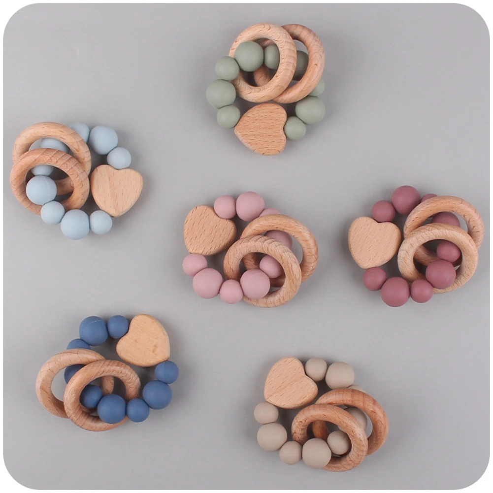 

Baby Nursing Bracelets Teether Toys Silicone Beads Wooden Beech Ring Beads Teething Wood Rattles Fidget Toys Newborn Accessories