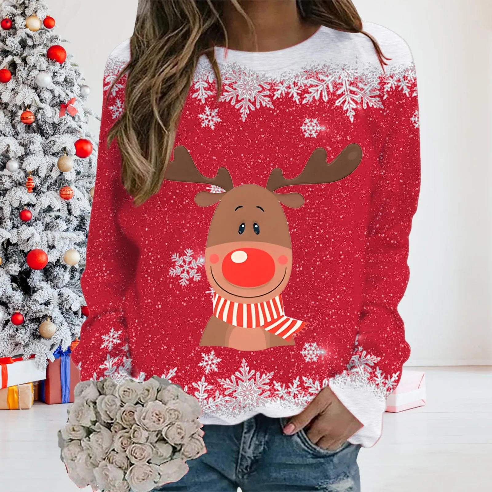

Women's Christmas Sweatshirt Crew Neck Long Sleeve Casual Fashion Top Autumn Winter Xmas Elk Print T-Shirt Female Sweatshirts