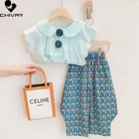two piece girls clothing sets summer 2022 baby girl ruffles sleeveless peter pan collar t shirts tops with print wide leg pants