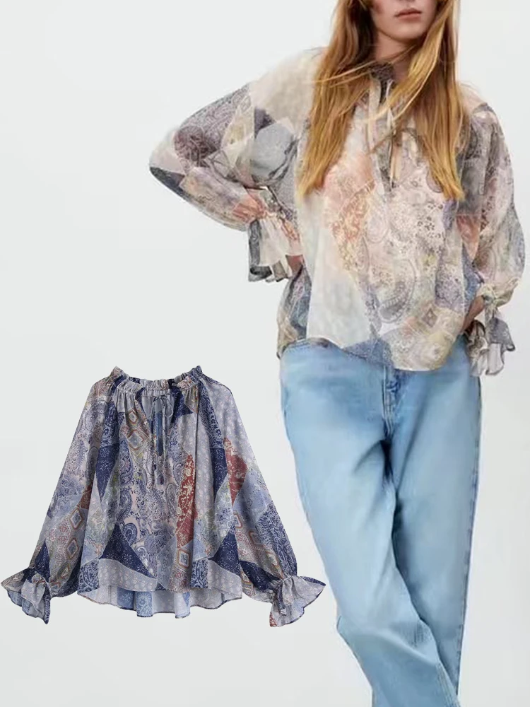 

TFMLN Spring Summer Women Blouse Shirts 2022 Casual Plaid Printed Ruffles Collar Tops Flare Long Sleeve Vintage Shirts