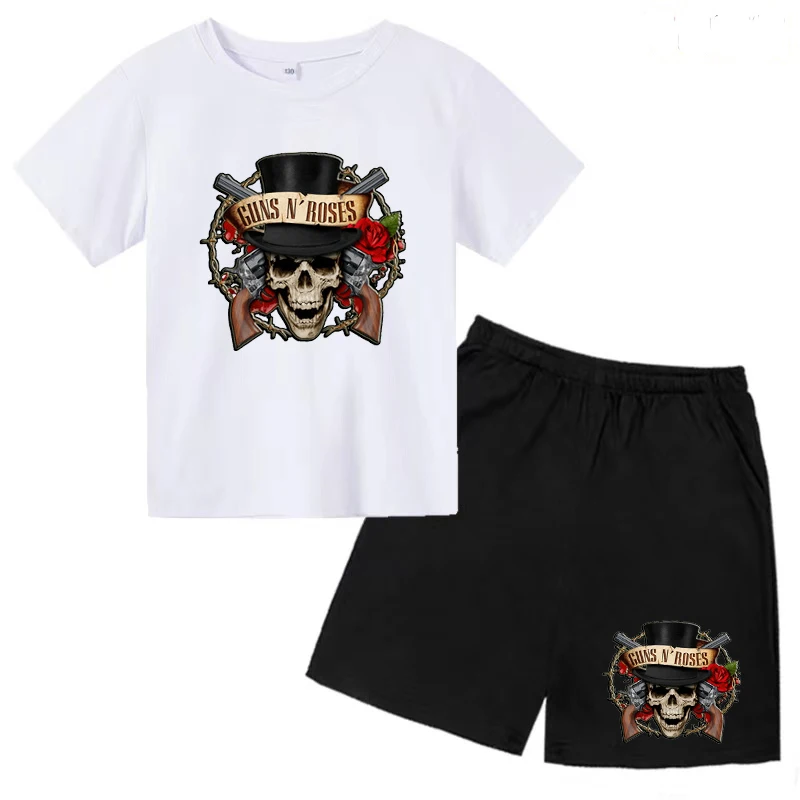 2023 Kids 3-14 Years Old Popular T-shirt Skull Rose Print O-neck Top + Shorts 2P Boys Baby Girls Summer Charming Fun Casual Suit