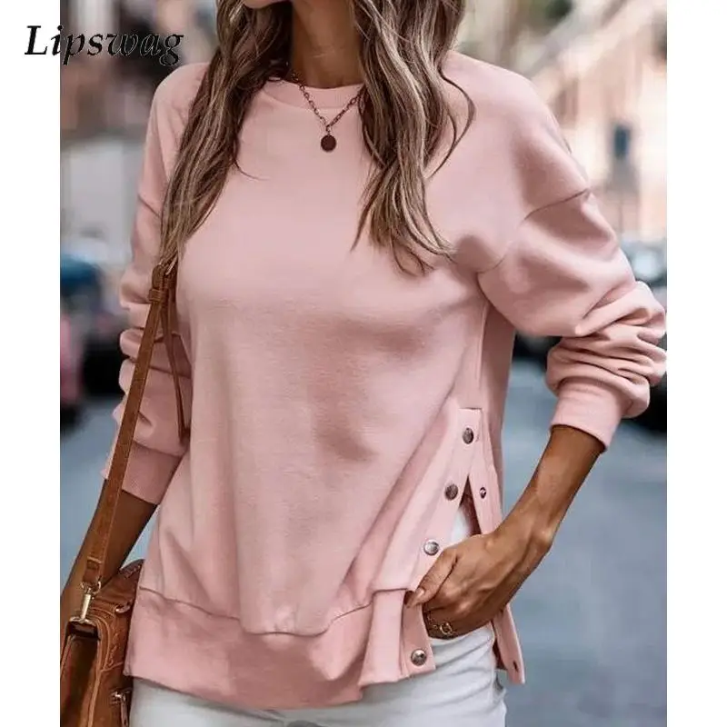 

Autumn Winter Casual Solid O-Neck Hoodies Women Fashion Button Side Split Tops Ladies Vintage Long Sleeved Button Sweatshirts
