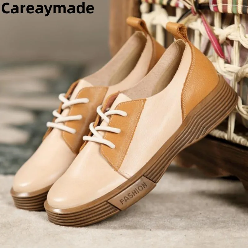 

Careaymade-Genuine leather Colored Casual Small Leather Shoes Women's Top Layer Cowhide Single Shoes Round Toe Thick Women Shoes