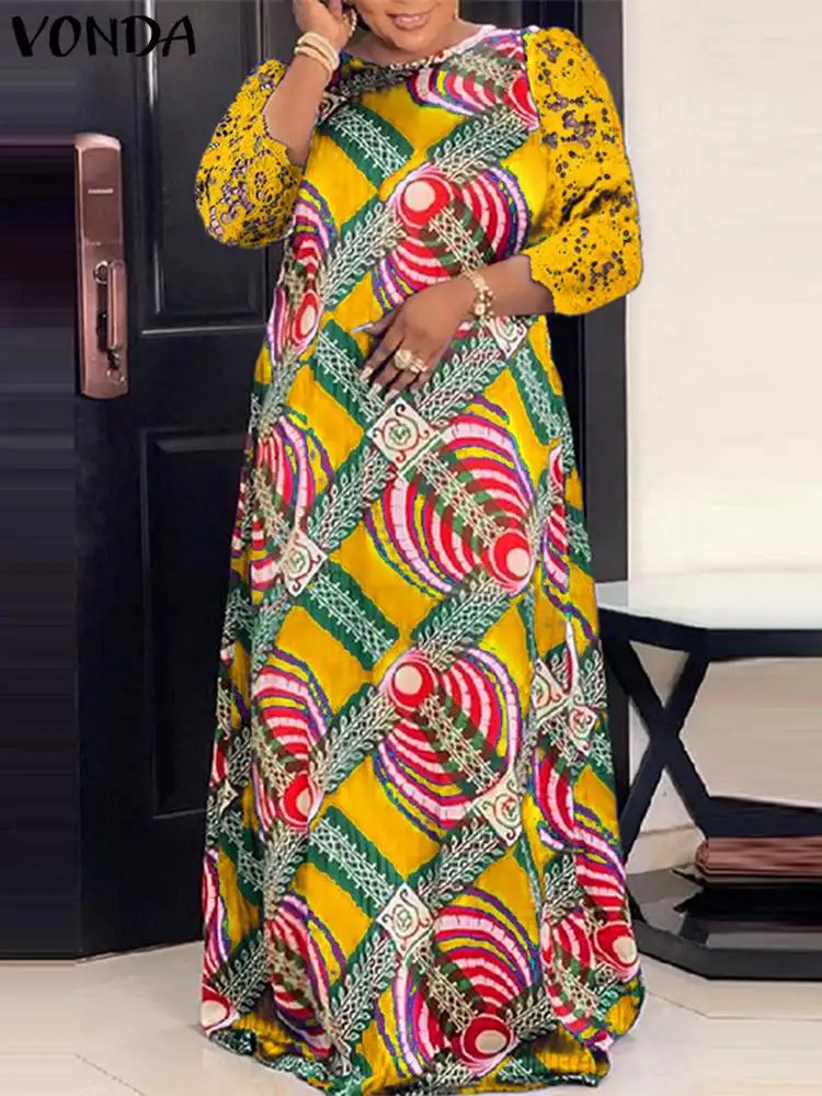 

VONDA Oversize Women Vintage Printed Dress 2022 Sexy 3/4 Sleeve Lace Patchwork Party Maxi Dress Vestidos Femininas Robe Femme