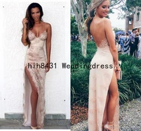 sexy sheath prom party dresses spaghetti straps lace appliques with front split sexy backless celebrity evening gowns robes