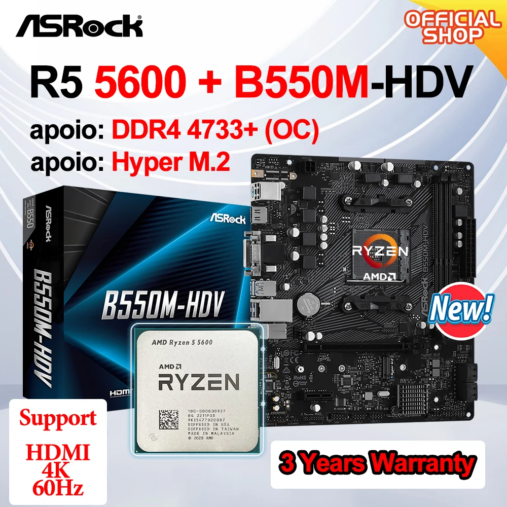 

New AMD Kit Ryzen 5 5600 processador CPU + ASRock B550M-HDV Micro-ATX Motherboard 64GB DDR4 Motherboards Kit placa mae AM4 B550