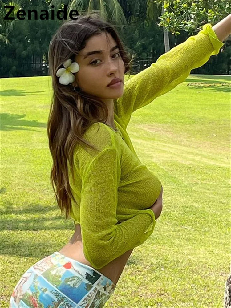 

Женский прозрачный укороченный топ Zenaide, зеленая Повседневная летняя футболка с длинным рукавом, Y2K, пляжная одежда для вечерние, 2022