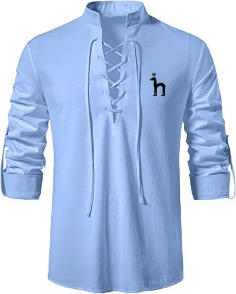 

2023HAZZYS Amazon Men's V-neck Lace up Long Sleeve henley shirt Solid Cotton Hemp Loose Casual Men's Stand Collar Shirt