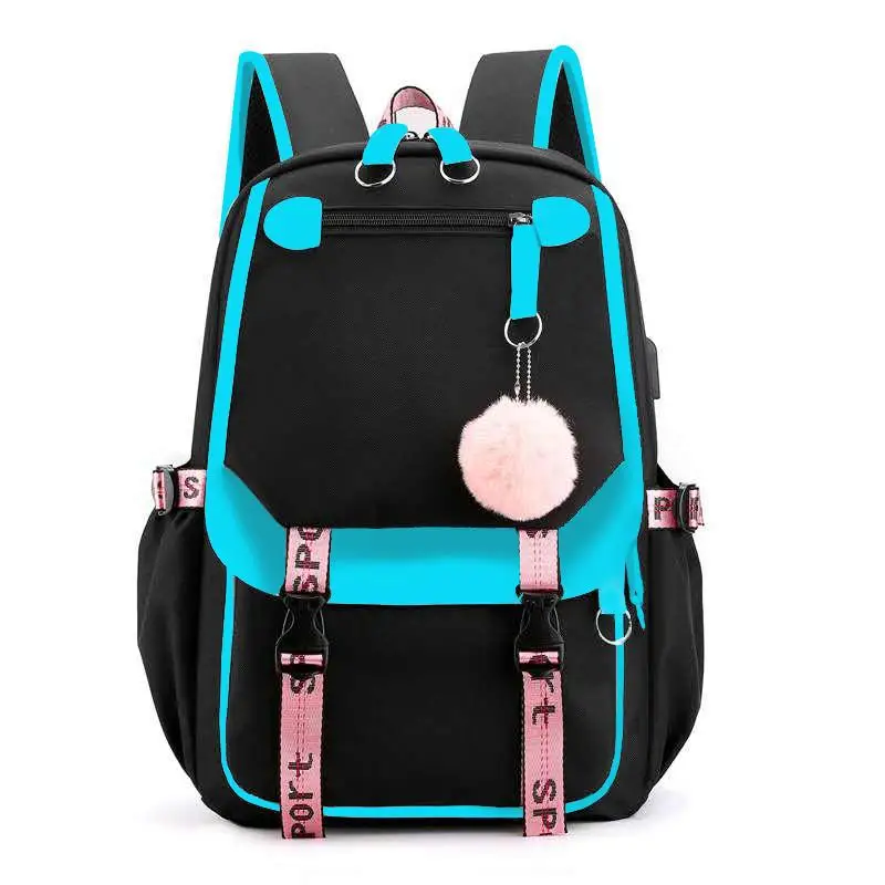 

Fashion Black Pink Teen School Backpack Girls USB Port Canvas Schoolbag Student Book Bag Large School Bags For Teenage