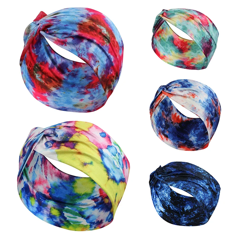 

New Tie Dye Turban Hair Accessories For Women Colourful Knot Stretchy Wide Headbands Yoga Sweatband Bandana Hairbands