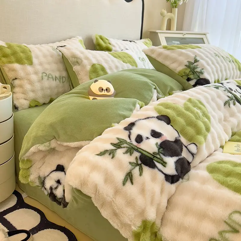 

Winter Super Warm Soft Bedding Set Single Double Extra Thick Luxury Kawaii Plush Bed Sheet Flannel Duvet Cover Double-sided 4pcs