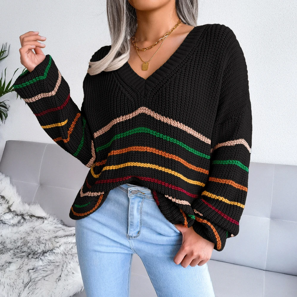 LAPA Women Tops Spring Autumn Long Sleeve Sweater Lady V-Neck Pullover Colorful Striped Office Commuting Clothing images - 6