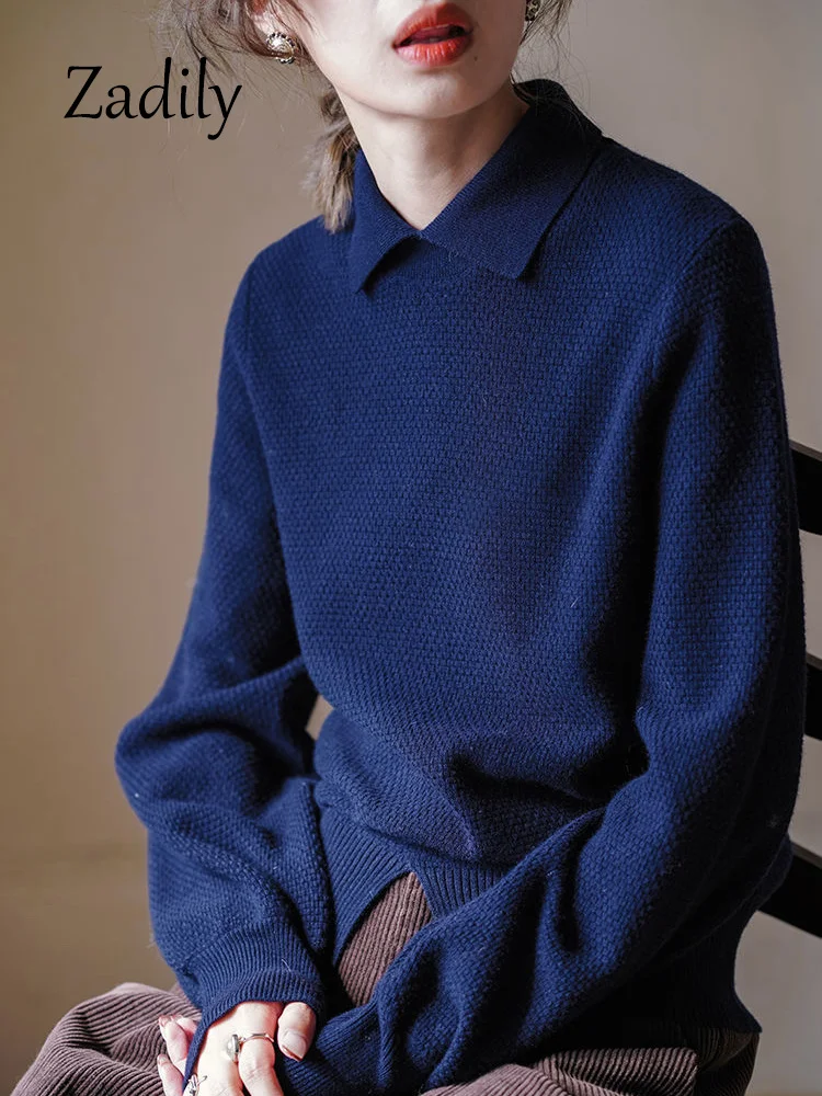 

Winter Office Lady Long Sleeve Turn Down Collar Women Sweater Korea Style New Solid Knit Pullovers Female Work Tops