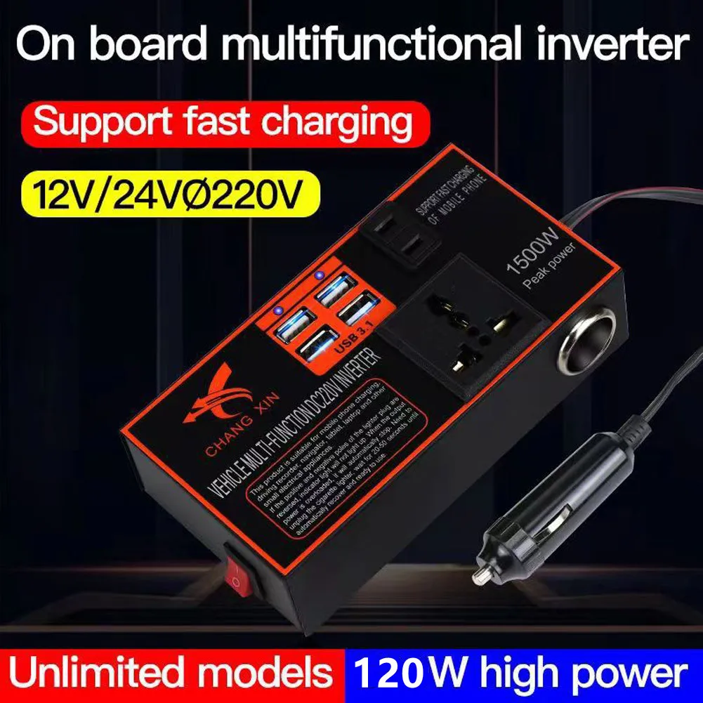 

Car Power Inverter Adapter Converter 12v 24V To DC 110V 220v 1500w 5V Fast Charge Four USB Ports Auto Chargers Trip Inverters