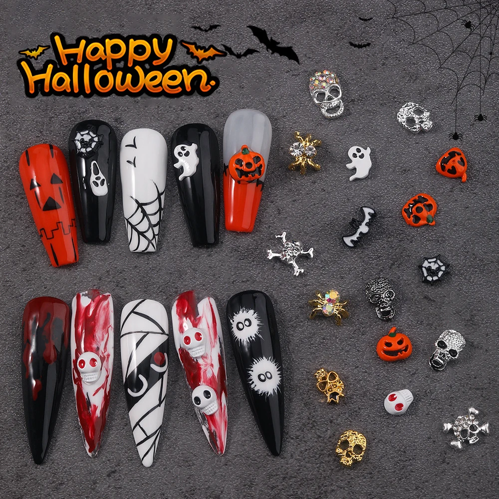 

10Pcs Halloween Alloy Nails Charms Rhinestones Nail Art Accessories 3D Nail Art Decoration Parts Scary Style Nails Design