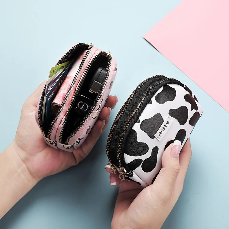 Cute Cow Pattern Coin Purse for Women Card Wallet Students Double Pocket Zipper Key Bag Portable Lipstick Bank Card Storage Bag