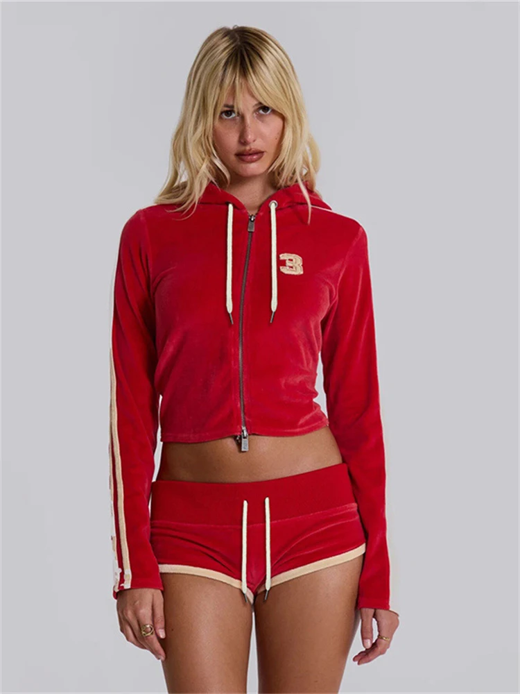 Женский бархатный комплект Absobe укороченный топ на молнии с капюшоном и шорты