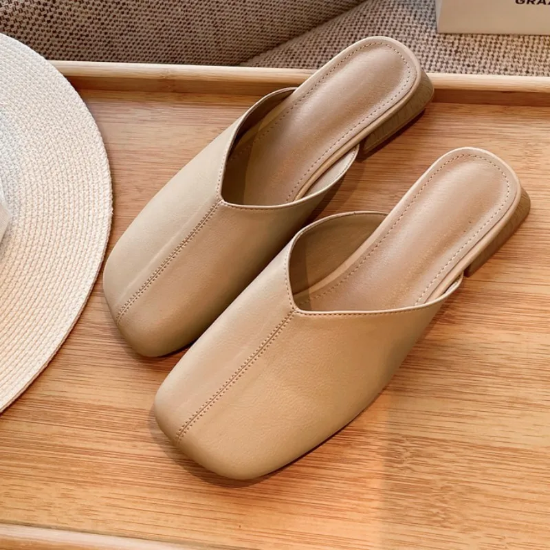 

2023 New Slingback Chunky Women Slippers Fashion Mules Shoes Summer Low Heels Square Toe Slides Casual Sandals Women Flip-flops