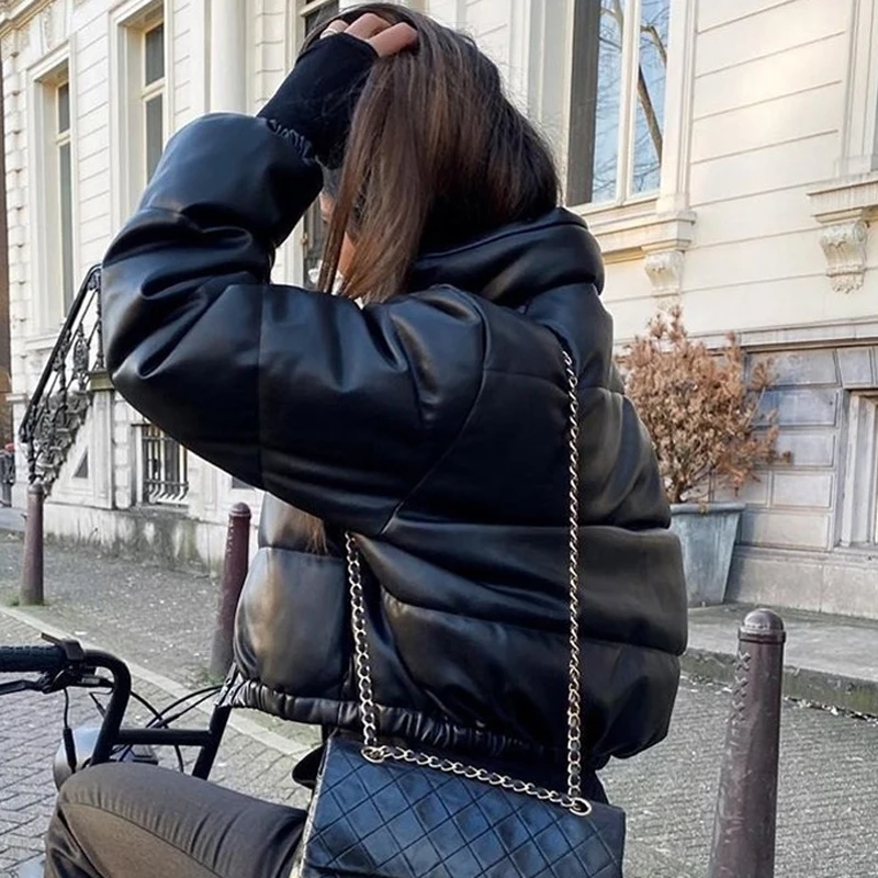 Winter Thick Women Short Parkas Warm Fashion PU Leather Coats Black Cotton Padded Female Down Jacket Elegant Zipper Clothes 2022