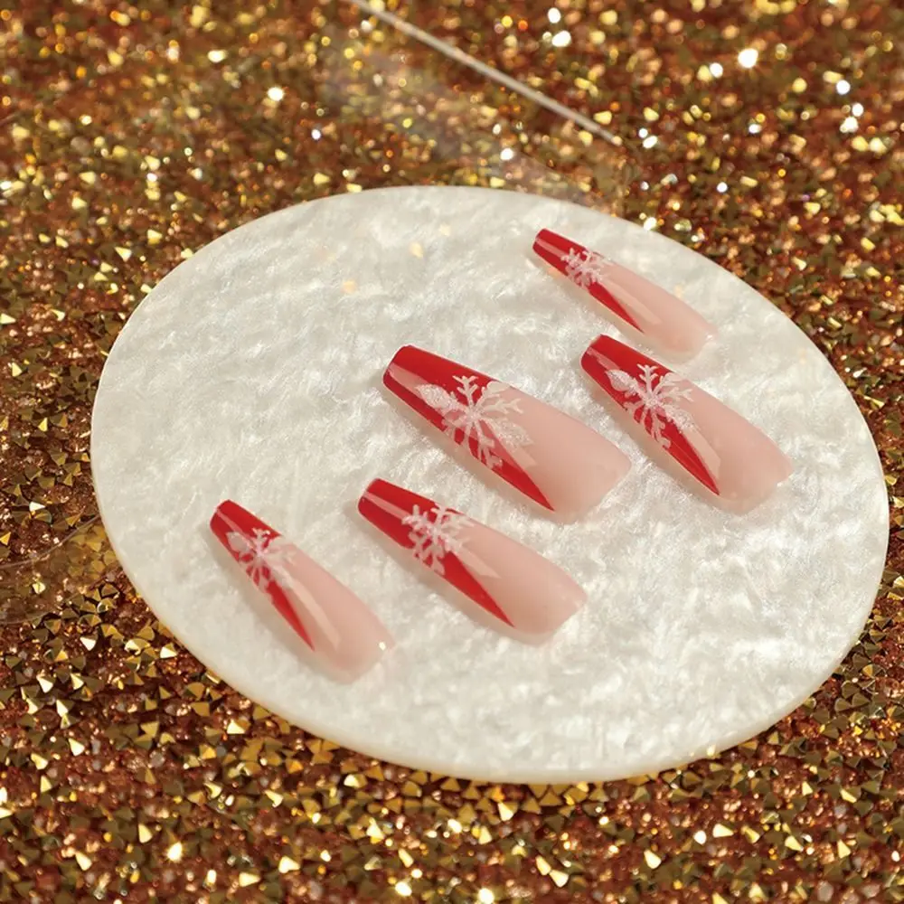

24pcs DIY Manicure Red Full Cover French Ballerina Glitter Snowflake Christmas Long Coffin Fake Nails