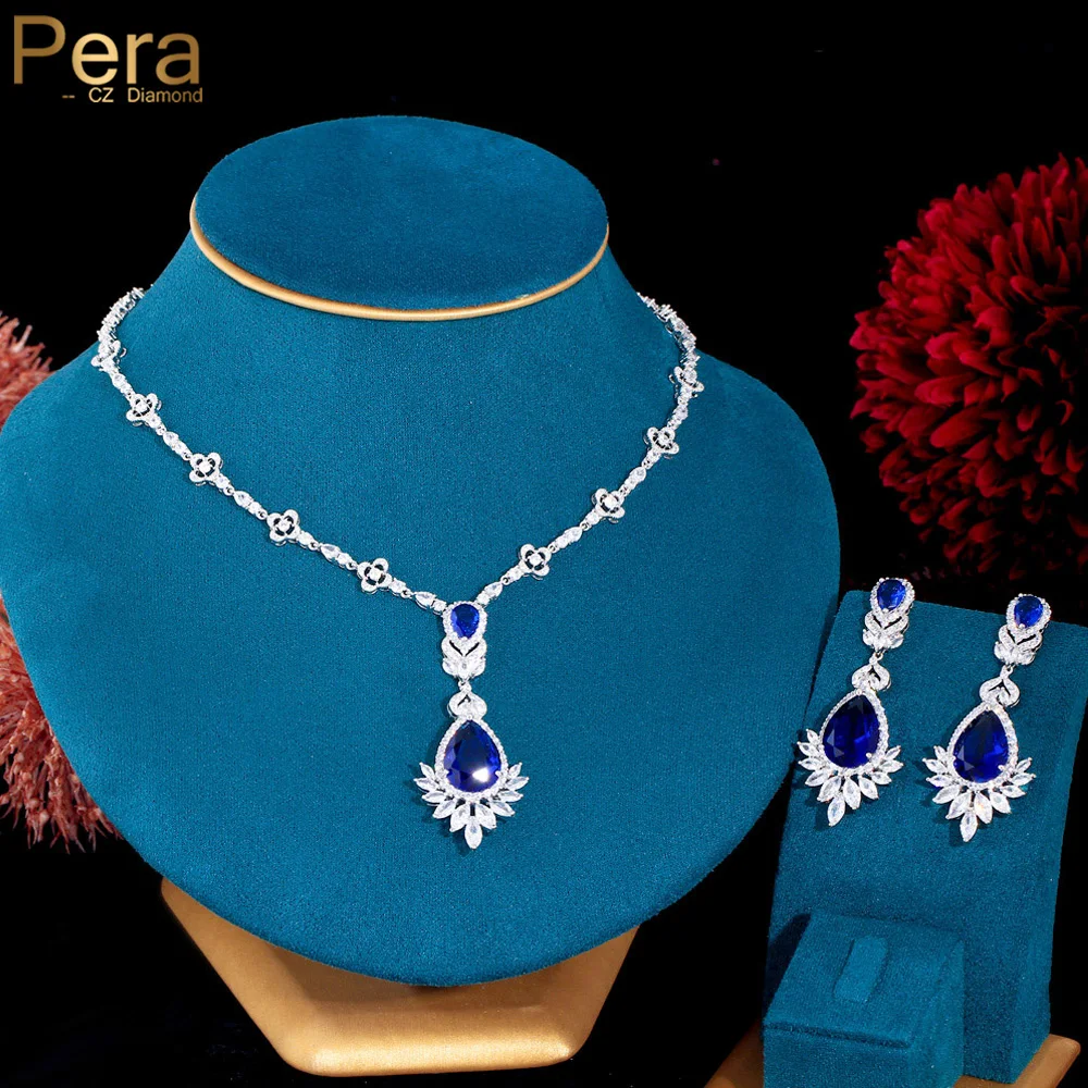 

Роскошные Королевские фианиты Pera длинные синие серьги в форме капли воды ожерелье наборы для женщин Свадебные банкетные ювелирные изделия аксессуары J066